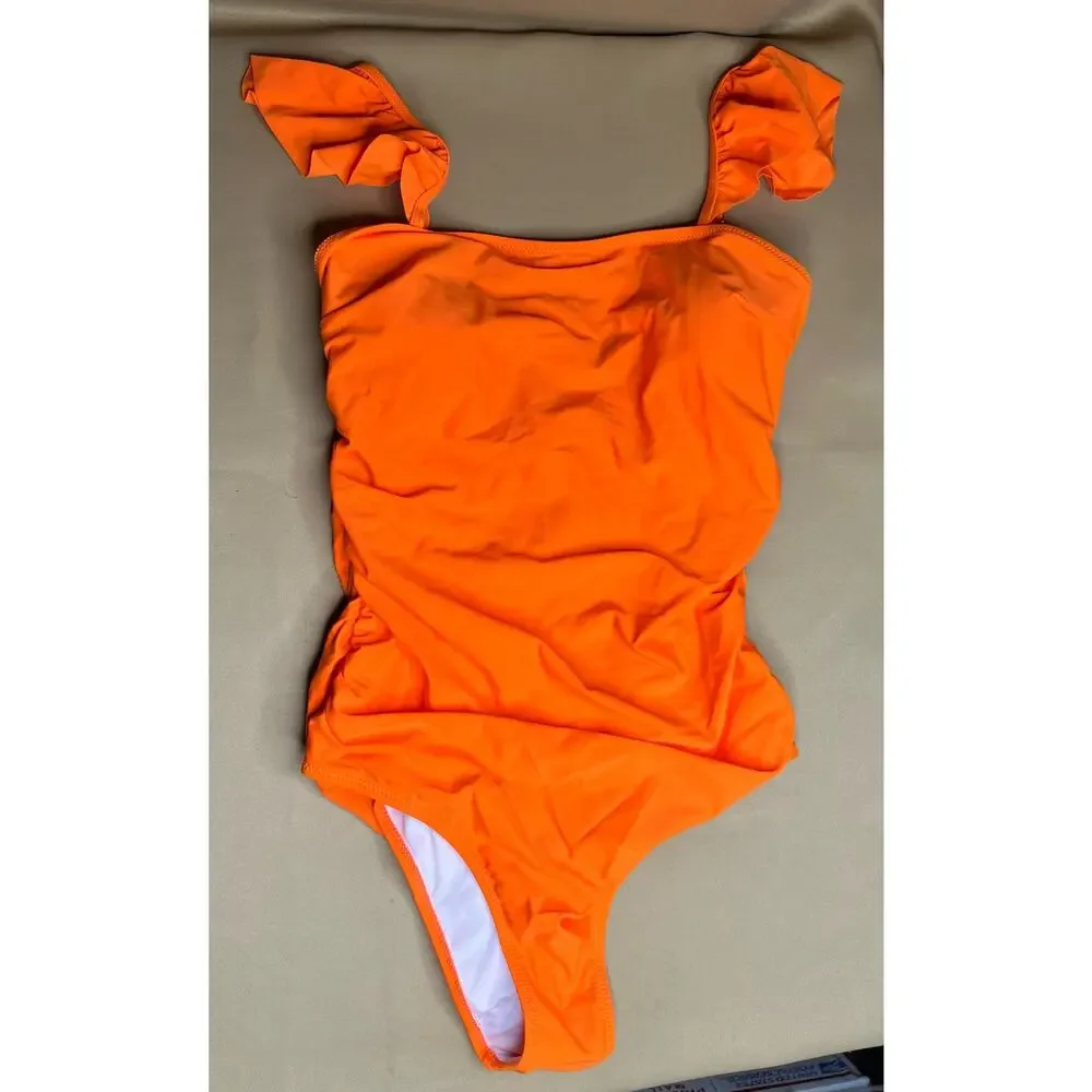 Hilinker Orange Ruffle Shoulder One Piece Swim Suit L NWT